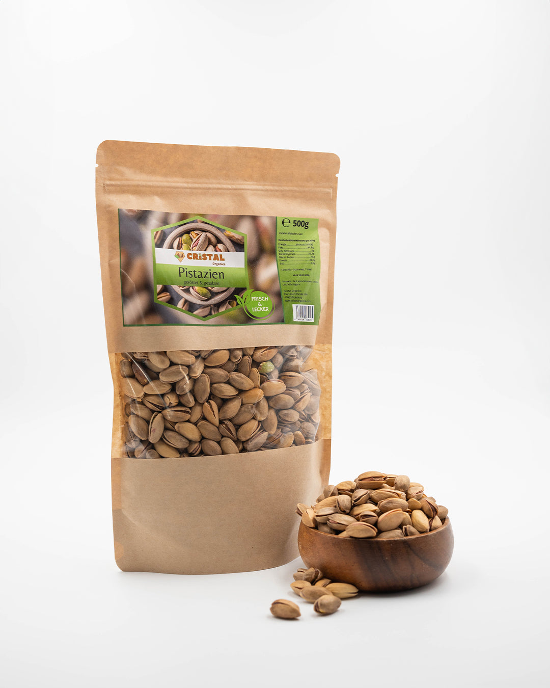 Seitenansicht der 1kg Verpackung gesalzener Pistazien aus Gaziantep – Cristal Organics Nuss-Snack