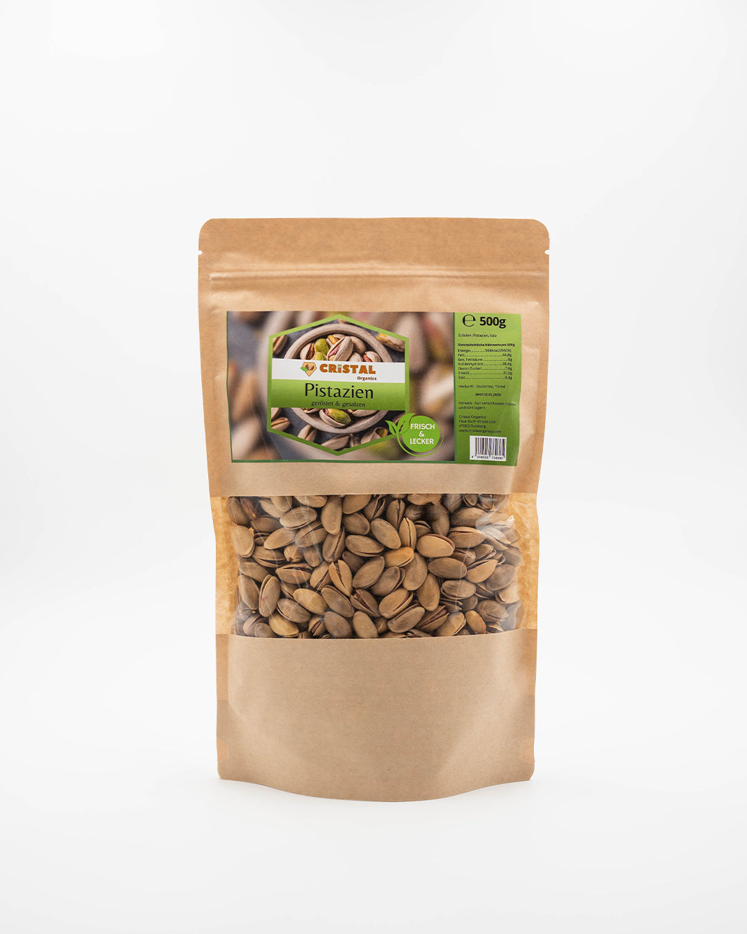 500g gesalzene Pistazien aus Gaziantep – Cristal Organics Verpackung Vorderseite, wiederverschließbar und hochwertig