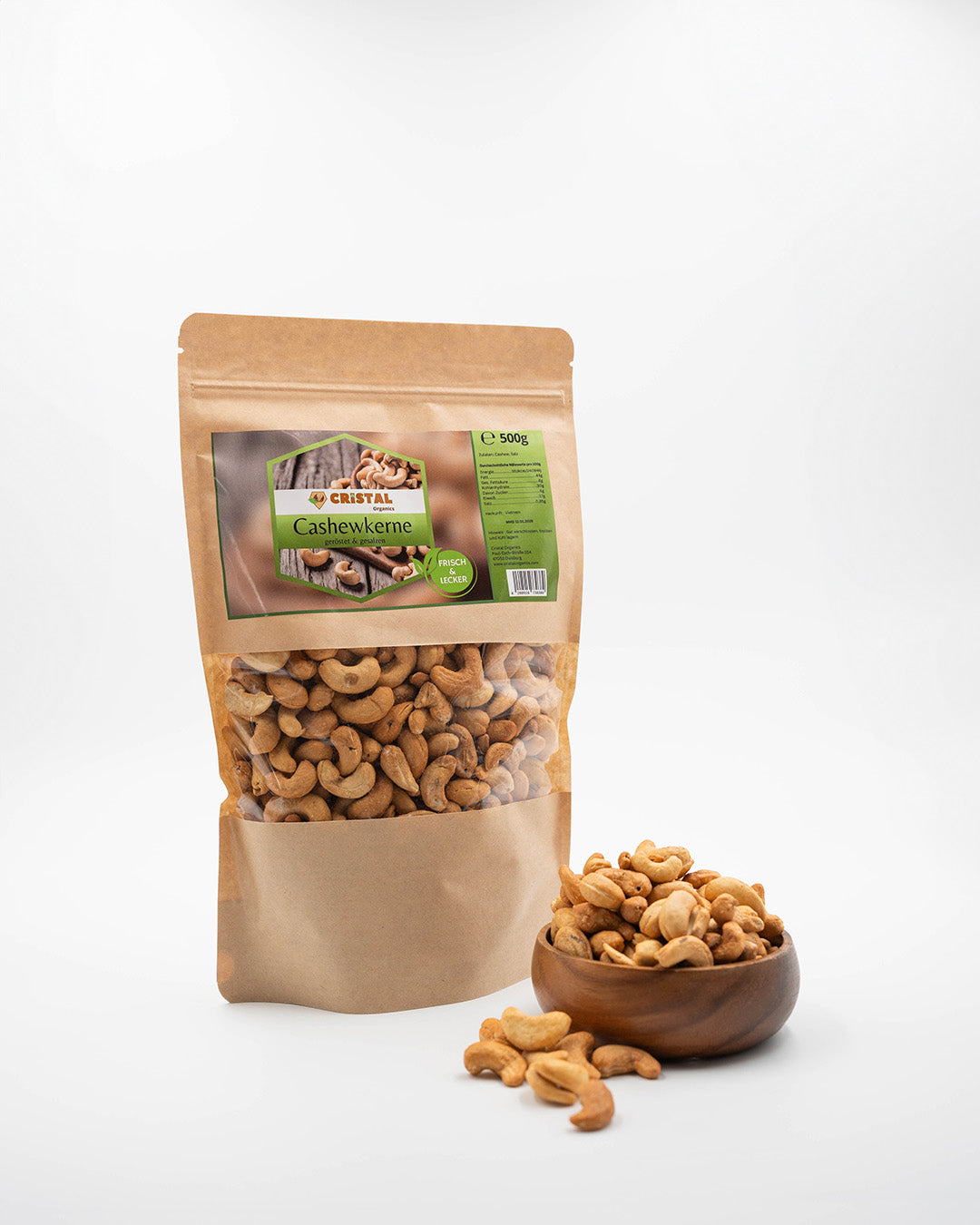 Seitenansicht der wiederverschließbaren Verpackung – 1kg gesalzene Cashewkerne von Cristal Organics