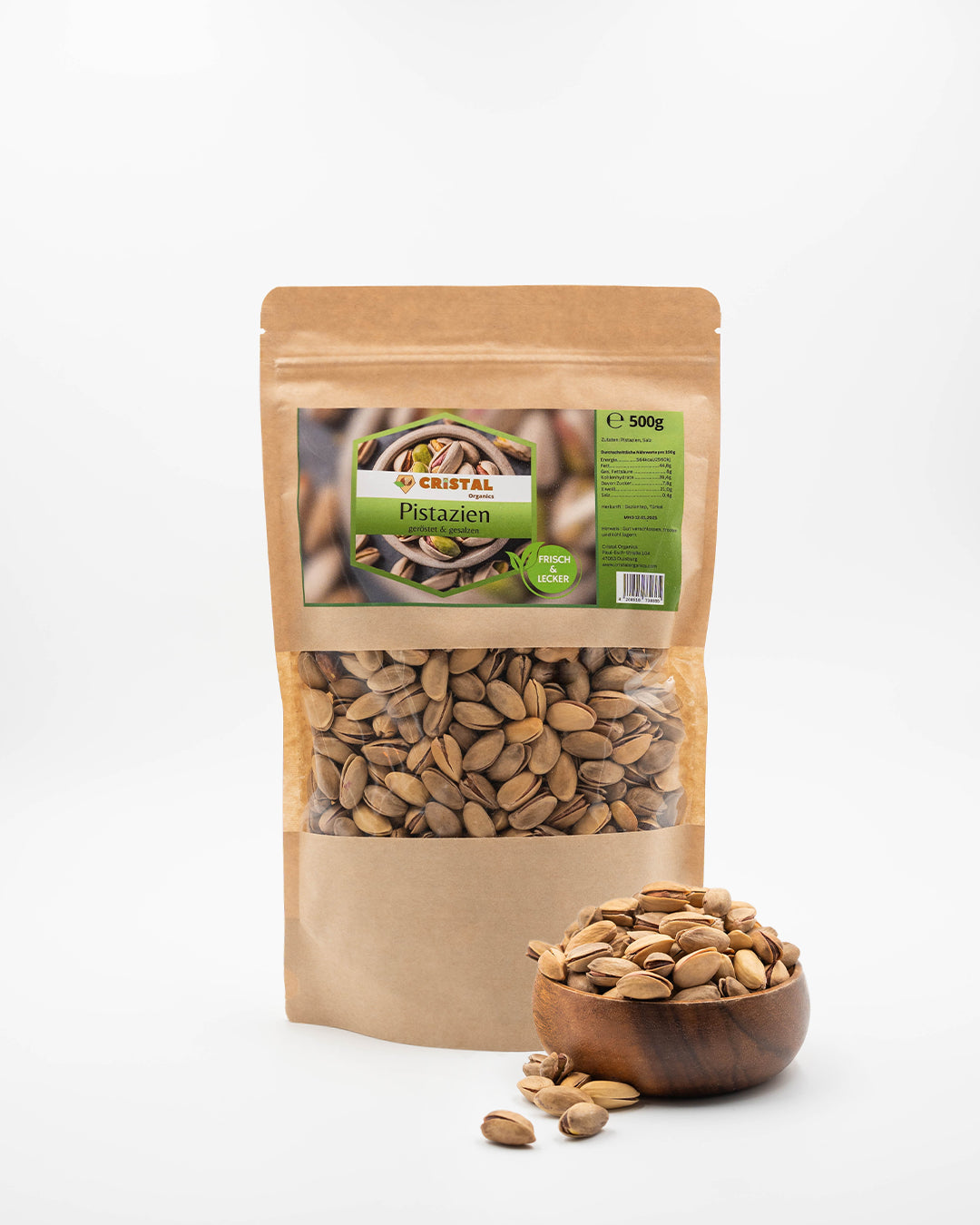 500g gesalzene Pistazien aus Gaziantep – Cristal Organics Verpackung und Serviervorschlag