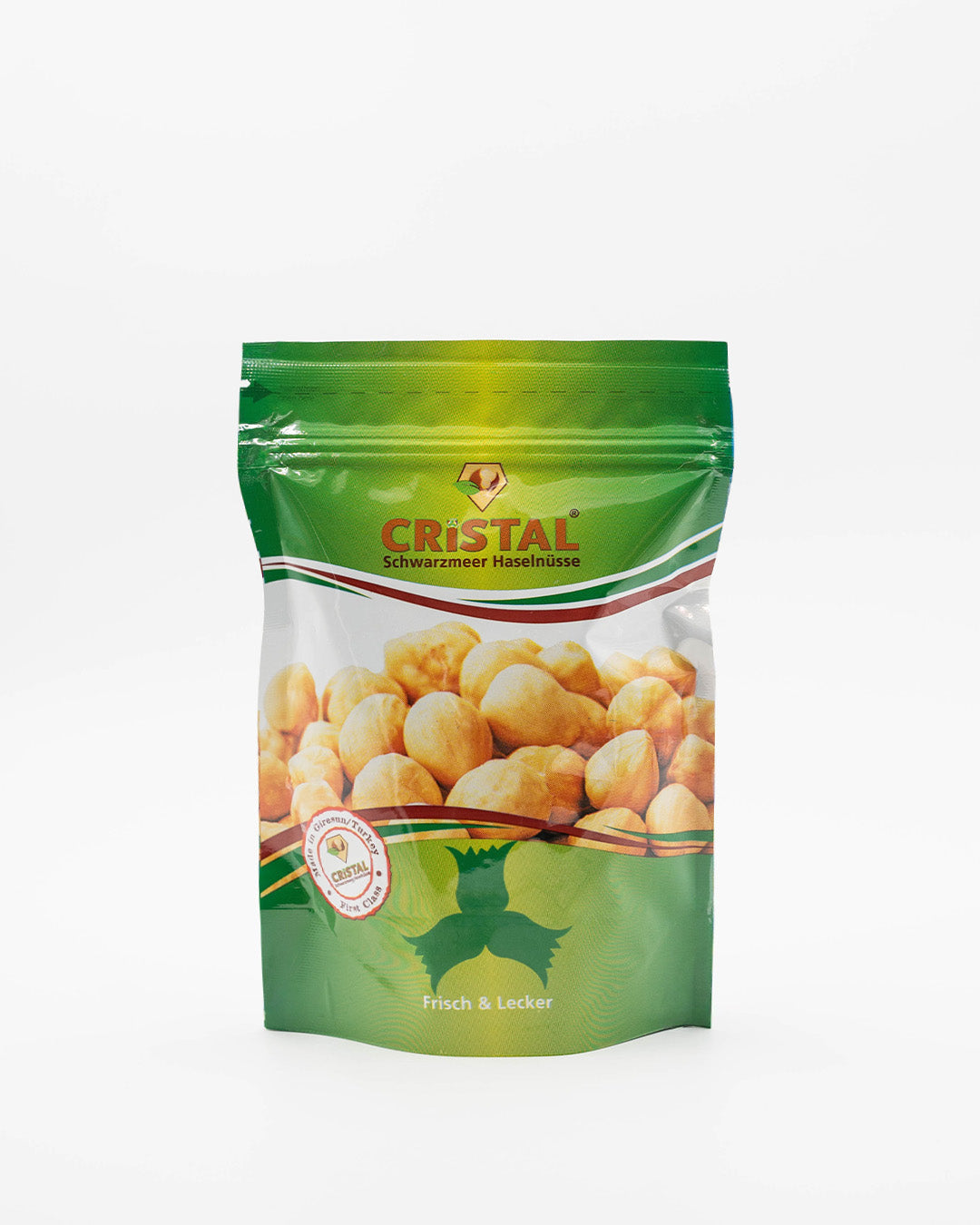 230g doppelt geröstete Haselnüsse aus Giresun – Vorderseite der Cristal Organics Verpackung