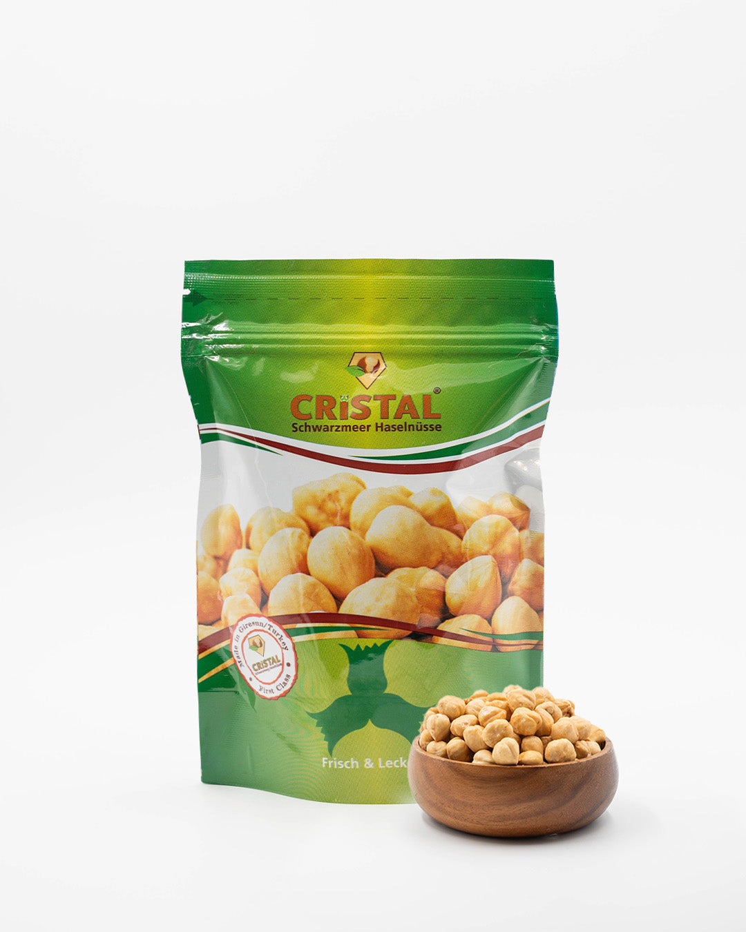 Serviervorschlag: 230g doppelt geröstete Haselnüsse aus Giresun von Cristal Organics – perfekter Snack oder Zutat für Desserts