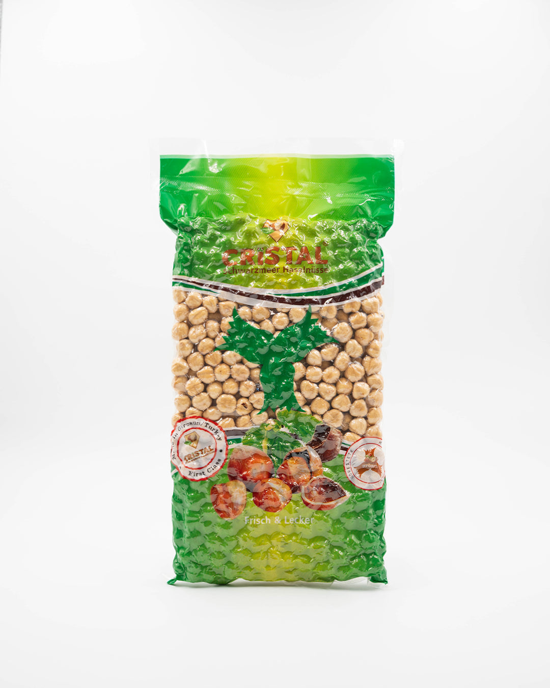 600g doppelt geröstete Haselnüsse aus Giresun – Cristal Organics Verpackung Vorderseite, Premium Qualität