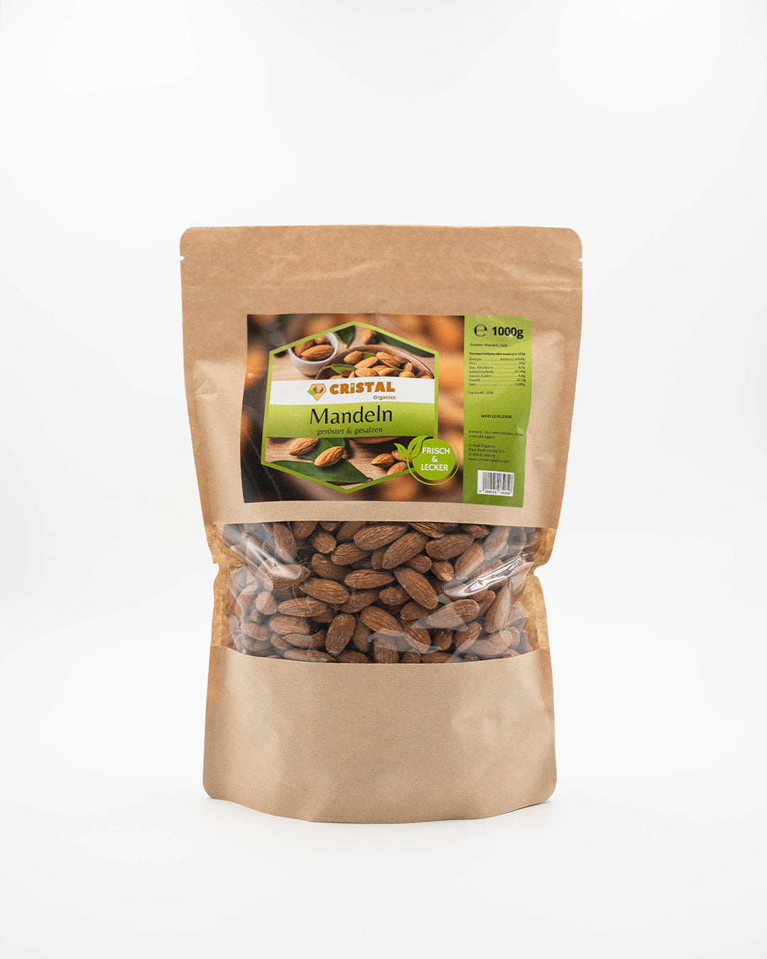 1kg geröstete und gesalzene Mandeln aus den USA – wiederverschließbare Verpackung Vorderseite von Cristal Organics