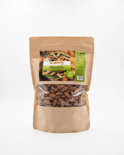 1kg geröstete und gesalzene Mandeln aus den USA – wiederverschließbare Verpackung Vorderseite von Cristal Organics
