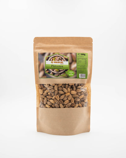 500g gesalzene Pistazien aus Gaziantep – Cristal Organics Verpackung Vorderseite, wiederverschließbar und hochwertig