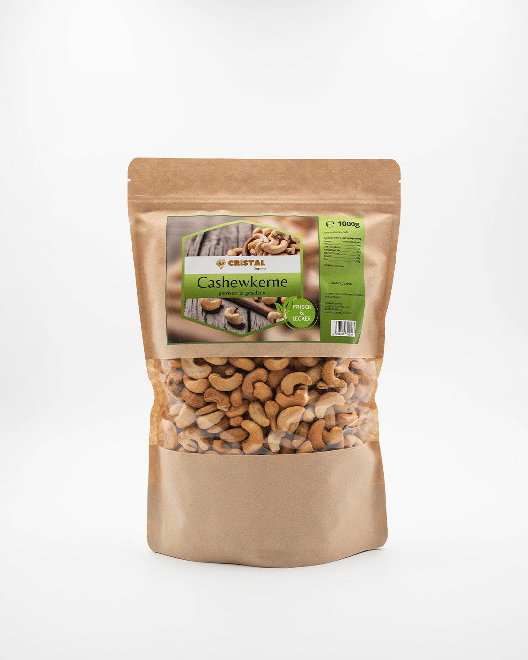 Vorderseite der 1000g Packung gesalzene Premium Cashewkerne aus Vietnam – Cristal Organics Nüsse