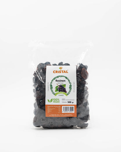 500g Premium Rosinen – Cristal Organics Verpackung Vorderseite, hochwertige Rosinen aus kontrolliertem Anbau