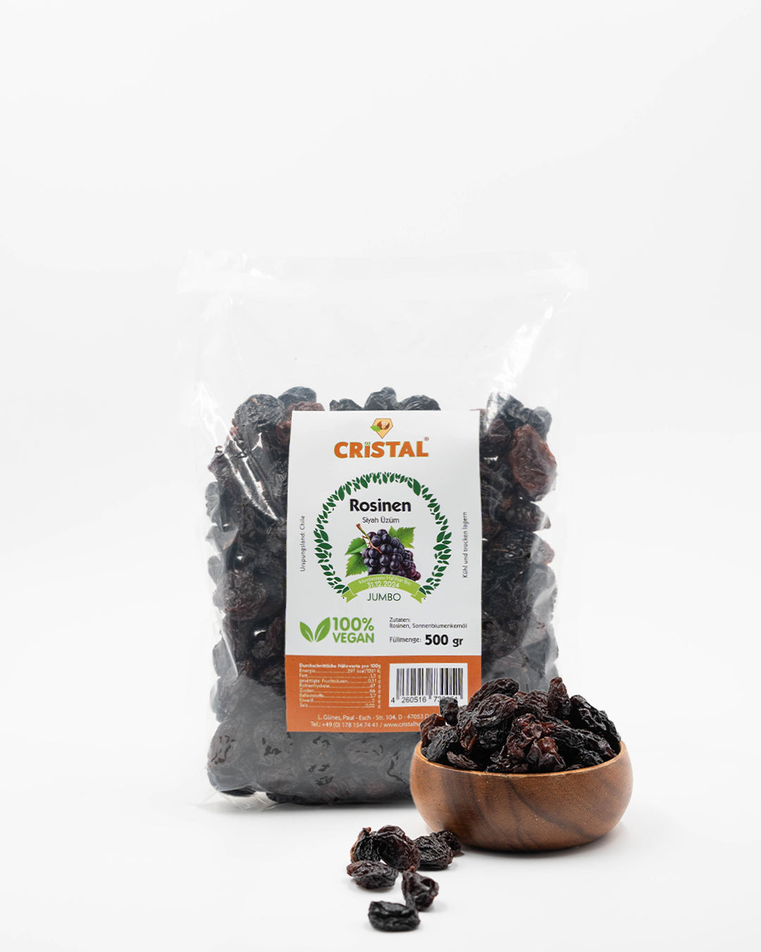Serviervorschlag: 500g Premium Rosinen von Cristal Organics als gesunder Snack oder Zutat in Gebäck
